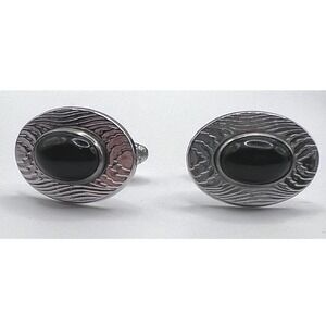 Vintage Silver Tone‎ Oval Cufflinks Black Cabochon Textured Frame